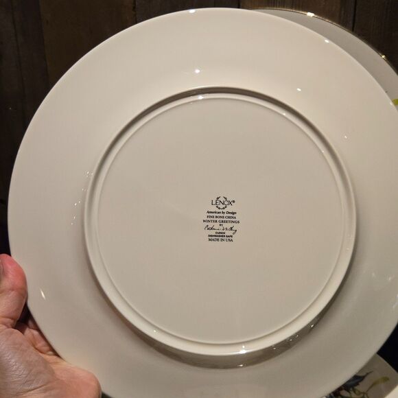 Set 5 Lenox Winter Greetings Cardinal + Ribbon 10.75" dinner Plates Gold Rim - Picture 10 of 11